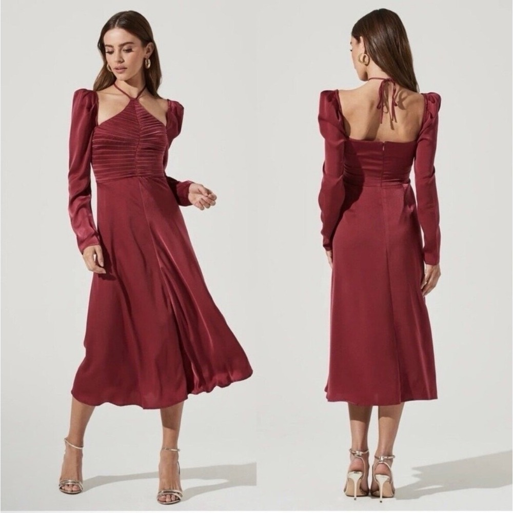 NWT ASTR Cinched Halter Tie Satin Midi Dress Wine Burgundy S Event Cocktail